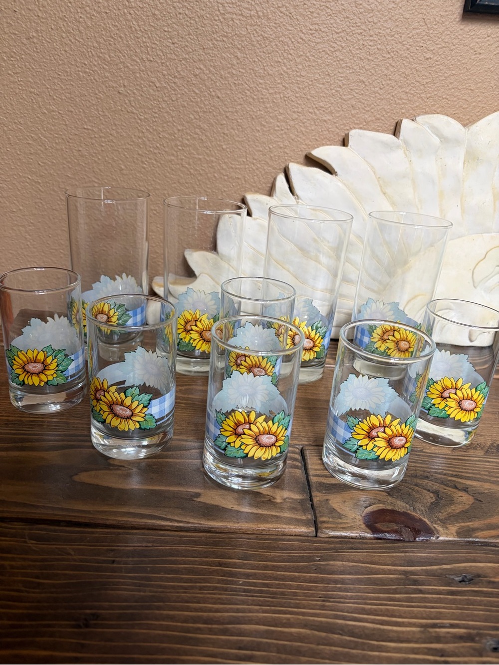 Corelle Vintage Sunflower Blue Plaid Print Drinking Glasses lot of 10!